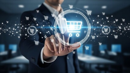 Modern businessman touching glowing shopping cart icon for online retail success, showcasing digital commerce and e-commerce solutions for global sales growth