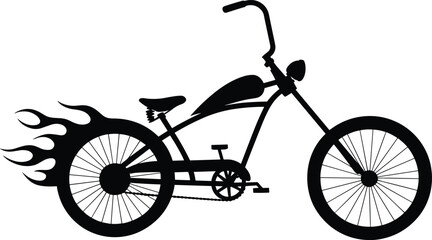 Silhouette of custom chopper bicycle with flame design on rear wheel isolated on white background for retro bike vector illustration. © Shuda