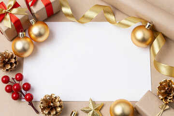 Festive Holiday Message Card with Golden Christmas Ornaments, Gift Boxes, and Berries on a Rustic Background, Ideal for Seasonal Greetings