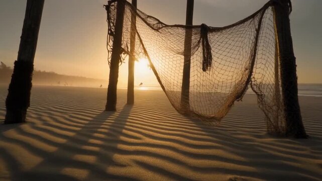 Golden Sunset Over Rippled Sand and Fishing Net on a Tranquil Beach.