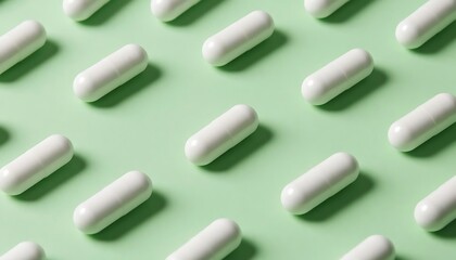 White capsules arranged in a repetitive pattern on a light green background, representing medicine, healthcare, and wellness