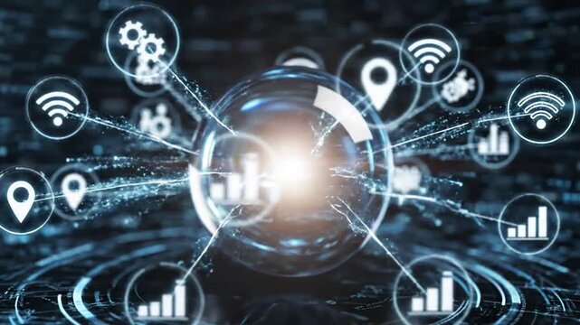 Dynamic global network with data stream and technology icons connecting the world in digital age transformation - Powered by Adobe