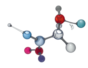 A molecular model, featuring interconnected spheres in various colors, against a stark black background