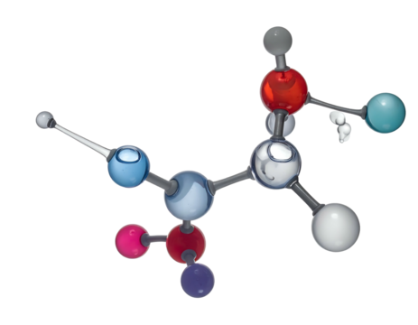A molecular model, featuring interconnected spheres in various colors, against a stark black background