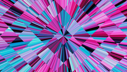 High impact geometric abstract with pink violet turquoise converging light rays forming geometric diamond grid pattern. Dynamic symmetrical rectangular grid pattern for futuristic design, digital art