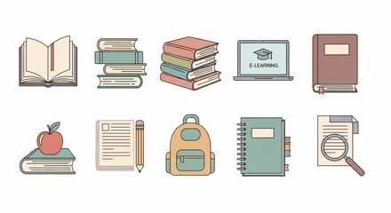 A collection of educational icons including books, a laptop, an apple, a backpack, and documents, representing learning and study.