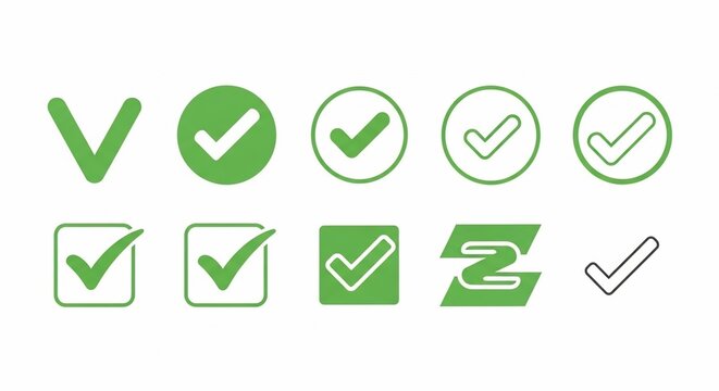A collection of green checkmark icons in various styles, representing approval, completion, and correctness.