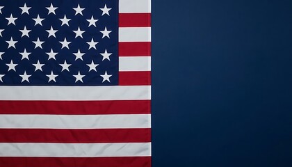 Fototapeta premium United States flag positioned on the left side, featuring stars and stripes, leaving ample dark blue copy space on the right