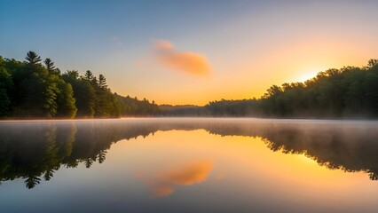 Fototapeta premium A peaceful, stunning sunrise over a calm forest lake or pond. Golden light illuminates the sky and reflects perfectly on the mirror-like water surface, which is covered with a thin layer of atmospheri