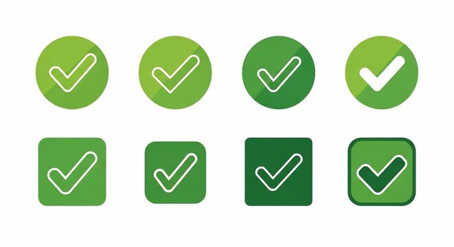 A collection of eight green checkmark icons in various styles, including circles and rounded squares, symbolizing approval or completion.