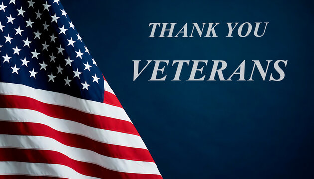 American flag on a dark blue background with Thank You Veterans text, honoring military service and patriotism