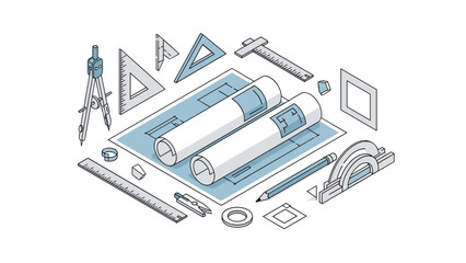 Detailed architectural blueprint layout showing precision tools and rolled plans, ideal for construction, engineering, and architectural projects with scalable design