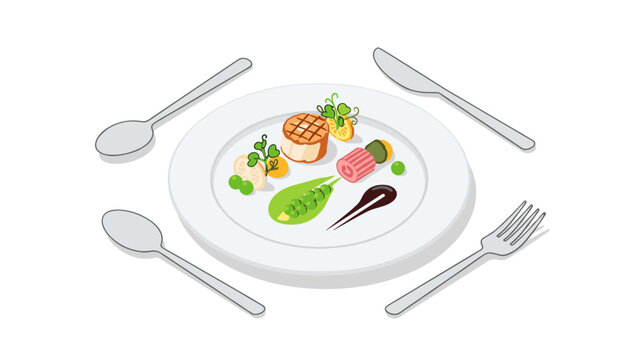 Elegant plate of food with modern plating ready to be eaten, chef-prepared culinary experience, fine dining presentation, food illustration for menus and cookbooks
