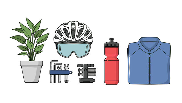 Essential cycling gear for your next adventure, including helmet, water bottle, repair tools and a jacket, great for cycling blogs and websites!
