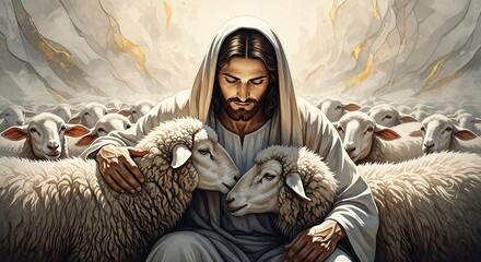 Jesus Christ with Sheep Pastoral Care Good Shepherd Biblical Art Religious Image