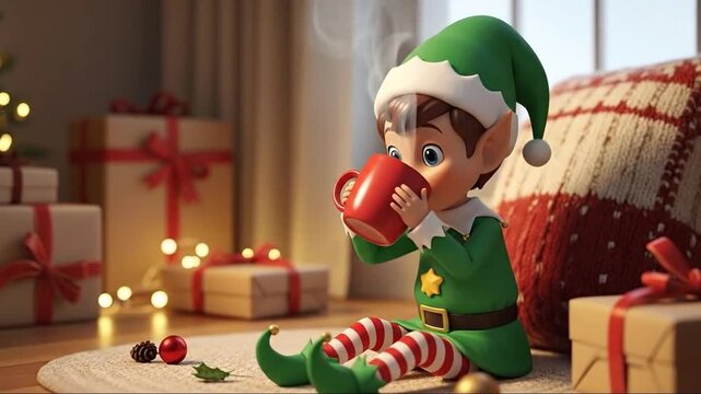 Festive Elf Enjoying Hot Chocolate by the Christmas Tree on a Cozy Christmas morning