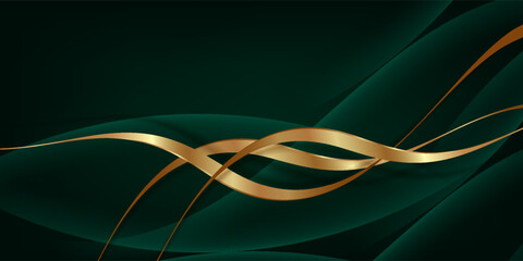3D green luxury abstract background overlap layer on dark space with golden wave lines decoration. Modern graphic design element cutout style concept for web banner, art, flyer, card or brochure cover