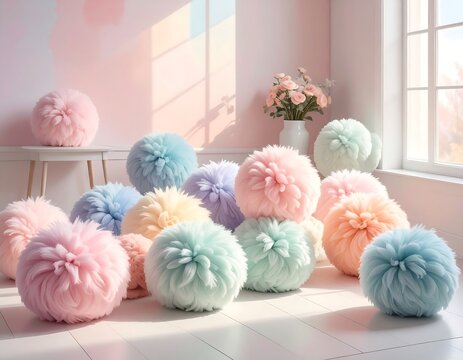 Pastel Pom-Pom Cushions Arranged on Floor with Soft Lighting in a Room Corner