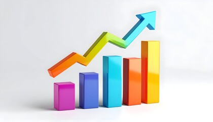 Colorful bar graph with a multi-colored arrow pointing upwards against a white background