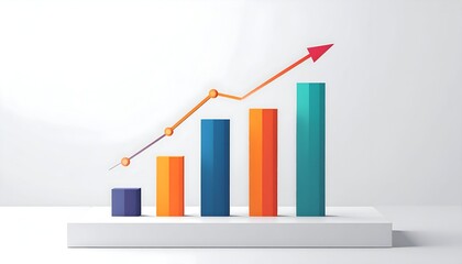 Colorful 3D bar chart with an upward-trending line graph, set on a white platform