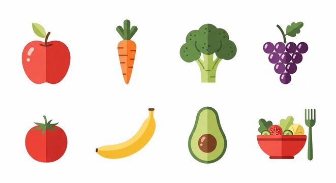 A colorful illustration of various healthy fruits and vegetables including apple, carrot, broccoli, grapes, tomato, banana, avocado, and a fresh salad bowl.