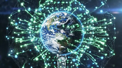 Dynamic Earth globe surrounded by glowing network lights with global connections for technology and environmental awareness - Powered by Adobe