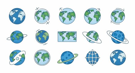 A collection of various blue and green Earth globe icons and planetary illustrations with rotation arrows and rings.