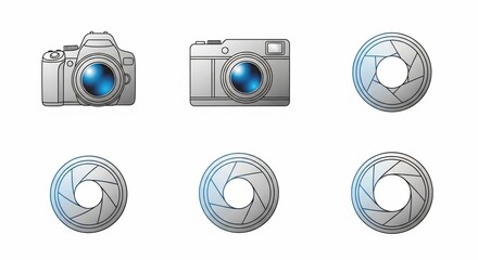 A collection of six detailed icons featuring two different camera designs and four camera apertures with varying openings, rendered in a glossy metallic style.