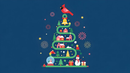 Merry Christmas and Happy New Year 2026 template. Christmas tree in modern minimalist geometric style. A stylized Christmas tree design rendered in a flat, geometric illustration style