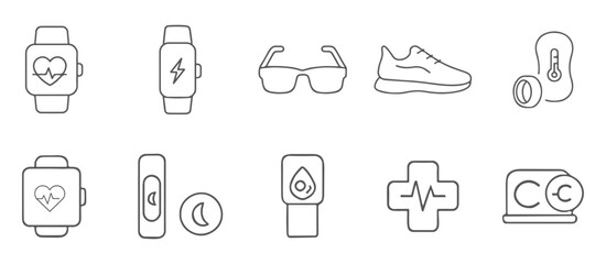 Fitness and health line icons. Wearable technology, smart watch, wellness symbols.