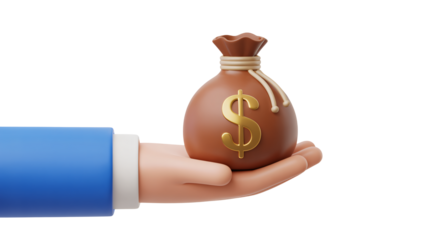 Hand offering a bag of money with dollar sign depicting wealth or investment