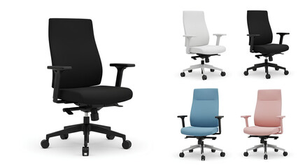 Modern office chairs in various colors for collaborative workspaces and ergonomic comfort