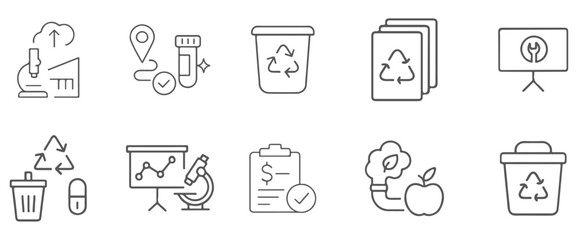 Fototapeta premium Recycling and biotech line icons. Environment, science, sustainable growth symbols.