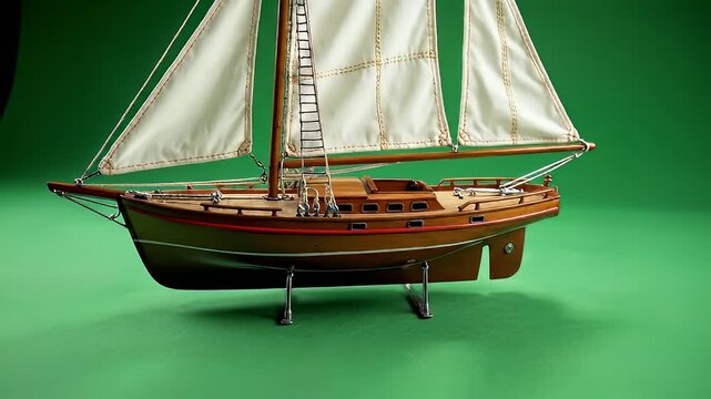 Video sequence of a miniature sailboat model on green screen.