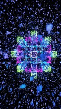 Abstract visualization of digital blocks rapidly dispersing and scrambling into random data noise creating a technical glitch pattern virtual reality, graphic, pixels