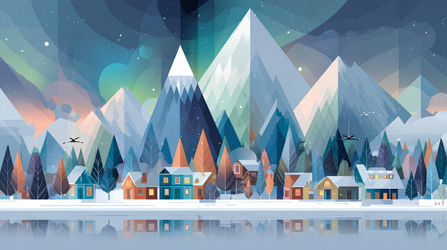 Winter and nature. Vector abstract modern minimalist geometric illustration of a village, alpine mountains, skiing, snowflake, and northern lights for a poster, greeting card, background, or design.