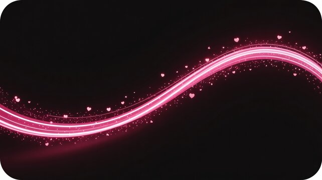 Elegant pink light trail with sparkling hearts on black for romantic designs