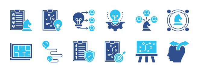 Strategy color icon set. planning, tactics, approach, method, scheme, framework, blueprint, roadmap, policy, plan, decision icons outline collection