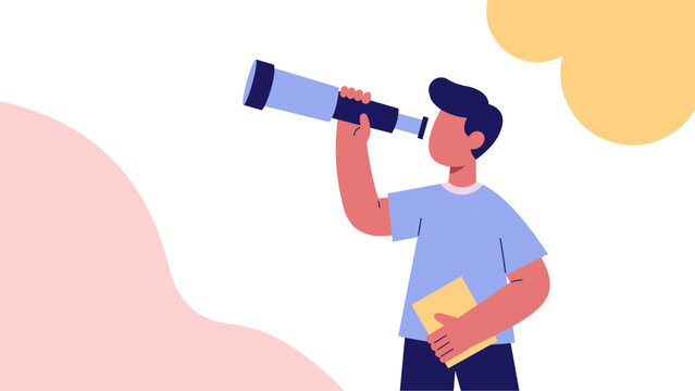 Pastel Flat Illustration of a Student Looking Into the Future with a Telescope and Book