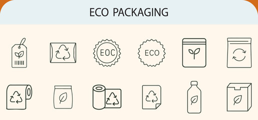 eco packaging line icons set, recycle organic product sustainability vector