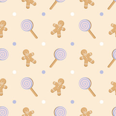Seamless Winter Pattern with Gingerbread Men, Lollipops, and Polka Dots