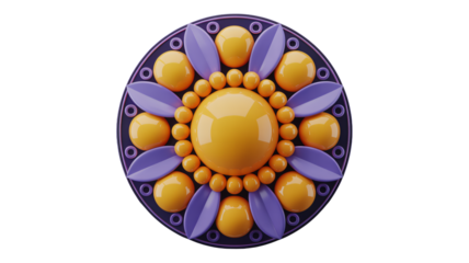 Vibrant 3D flower emblem with glossy purple petals and sunny yellow spheres