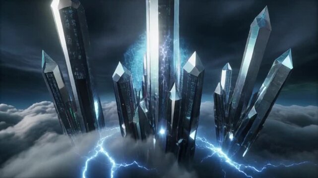 Mystical Crystal Formation Amidst Stormy Skies and Lightning Strikes.