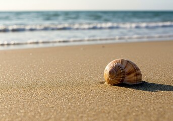 A beautiful spiral seashell rests peacefully upon the warm, wet sand near the ocean tide line under bright sunlight ,sand ,beauty ,mollusk