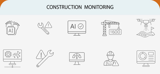 construction monitoring line icons set, ai safety maintenance vector