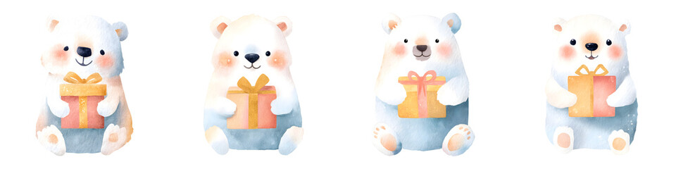 Set of cute Christmas watercolor polar bears with gifts, isolated on transparent background