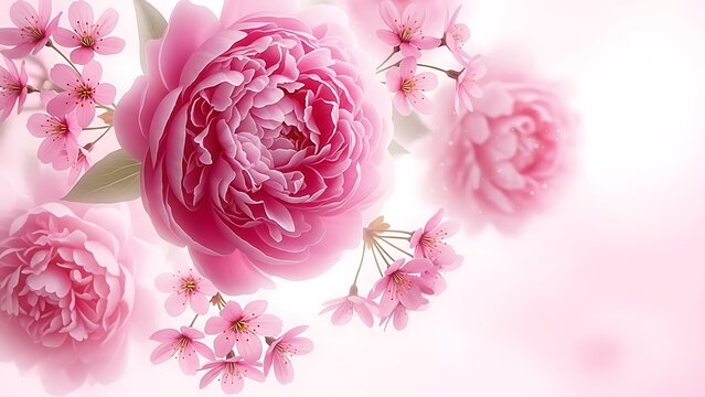 Delicate pink peonies and cherry blossoms in soft light