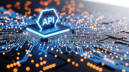 Digital api integration on a glowing circuit board with a central processor