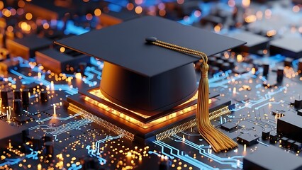 Graduation cap on a glowing circuit board representing digital education and technology