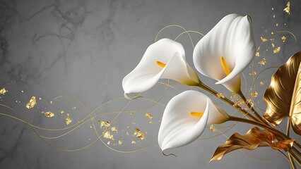 Elegant white calla lilies with golden accents on a textured gray background